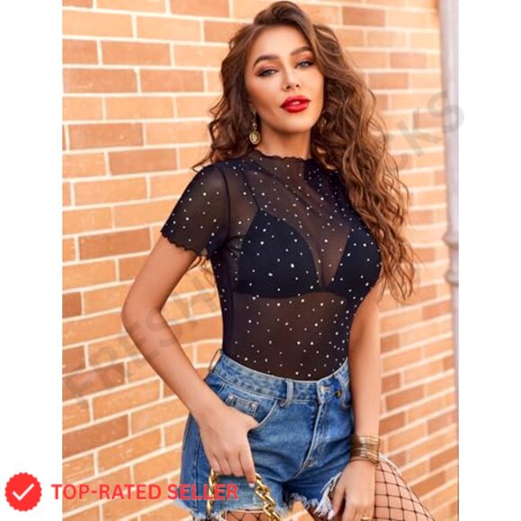 Mesh Rhinestone Blouse Sheer Sparkly Party Top Y2K Chic Going Out Wear - Picture 2 of 7